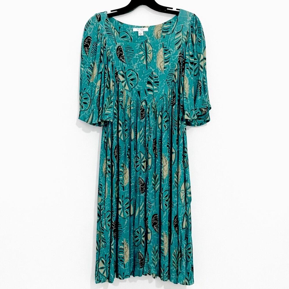 Go Softly Women Size M Green Leaf Print Midi 3/4 Sleeve Boho Casual Flowy Mature